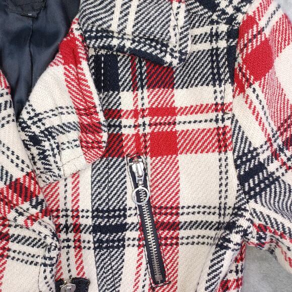 Express Women Plaid Wool Blend Moto Belted Jacket Medium Black Red Preppy Bomber - Picture 6 of 14